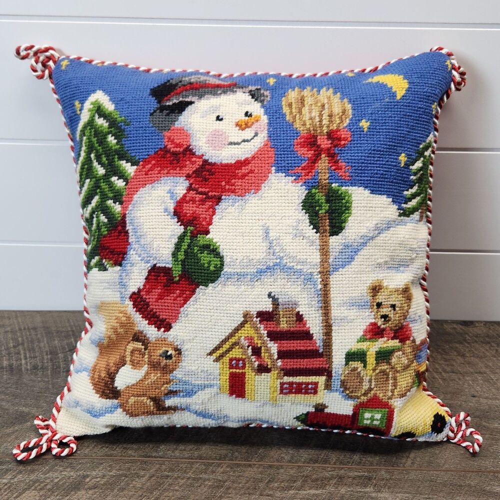 Vtg Needlepoint Christmas Pillow Snowman Squirrel Teddy Bear Velvet Removable